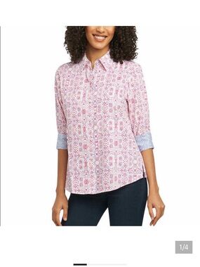 Foxcroft Pink Printed Bastik Button-Down Shirt with Contrast Cuffs